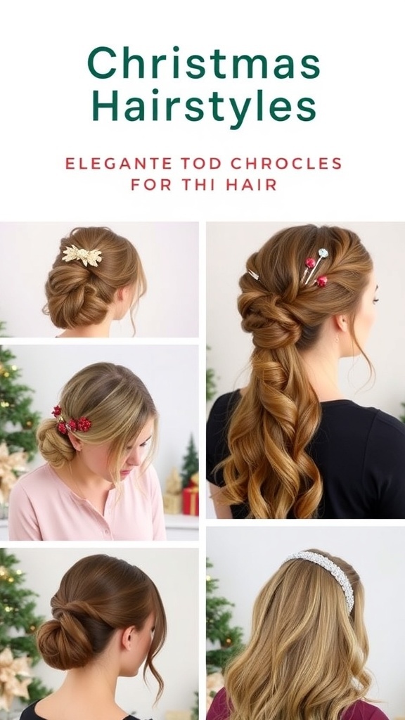 Elegant Christmas Hairstyles for Thin Hair Collage of Christmas hairstyles for thin hair: messy bun, twisted crown, braided ponytail, and loose waves with headband.